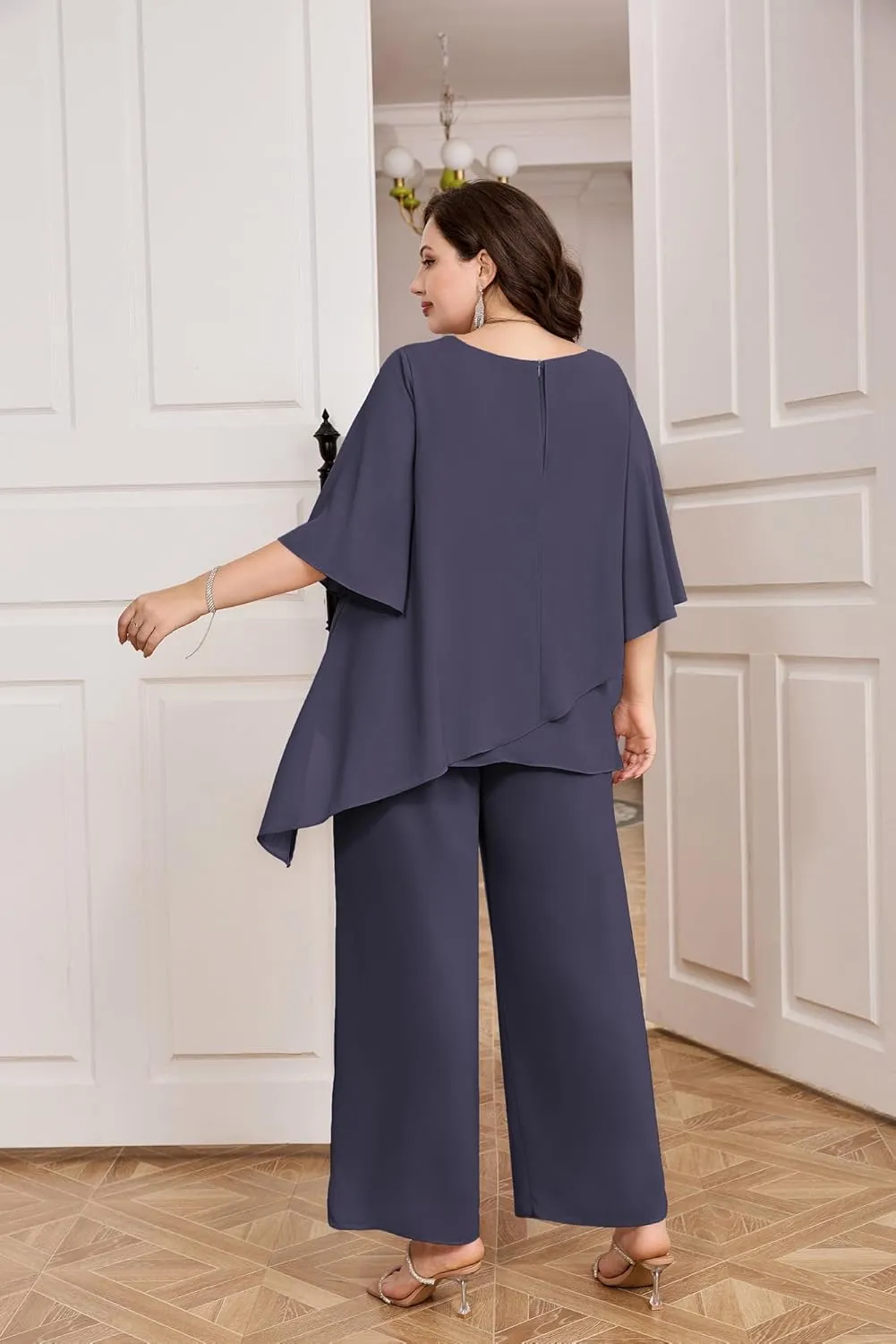 Hanna Nikole Plus Size Mother of Bride Pant Suits 2 Piece Chiffon Sets Ruffle Layers Wedding Guest Outfit