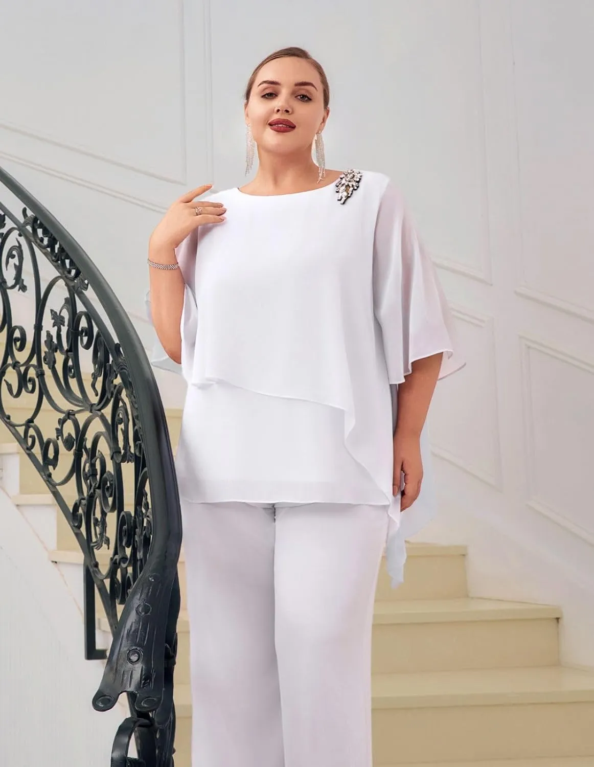Hanna Nikole Plus Size Mother of Bride Pant Suits 2 Piece Chiffon Sets Ruffle Layers Wedding Guest Outfit