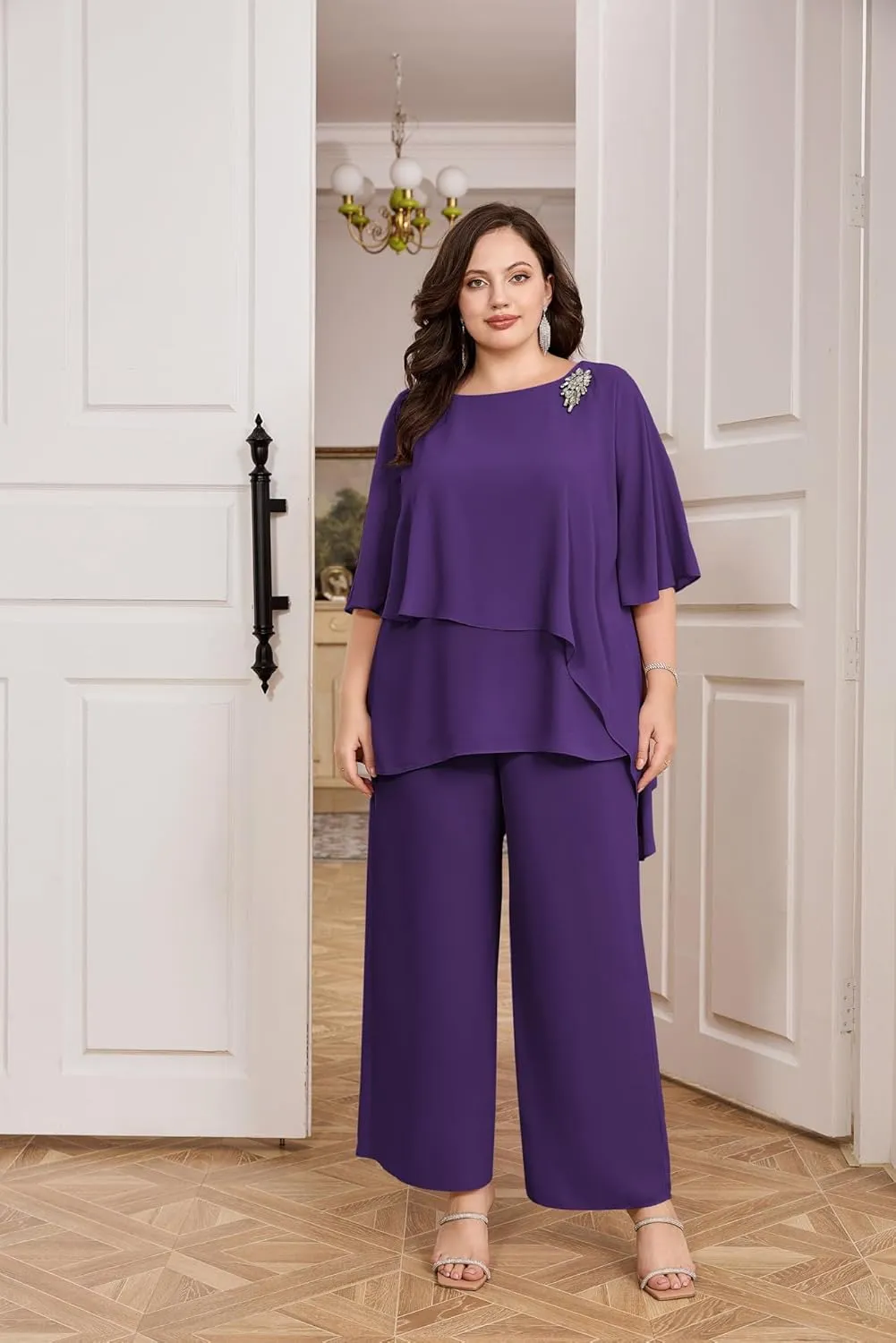 Hanna Nikole Plus Size Mother of Bride Pant Suits 2 Piece Chiffon Sets Ruffle Layers Wedding Guest Outfit