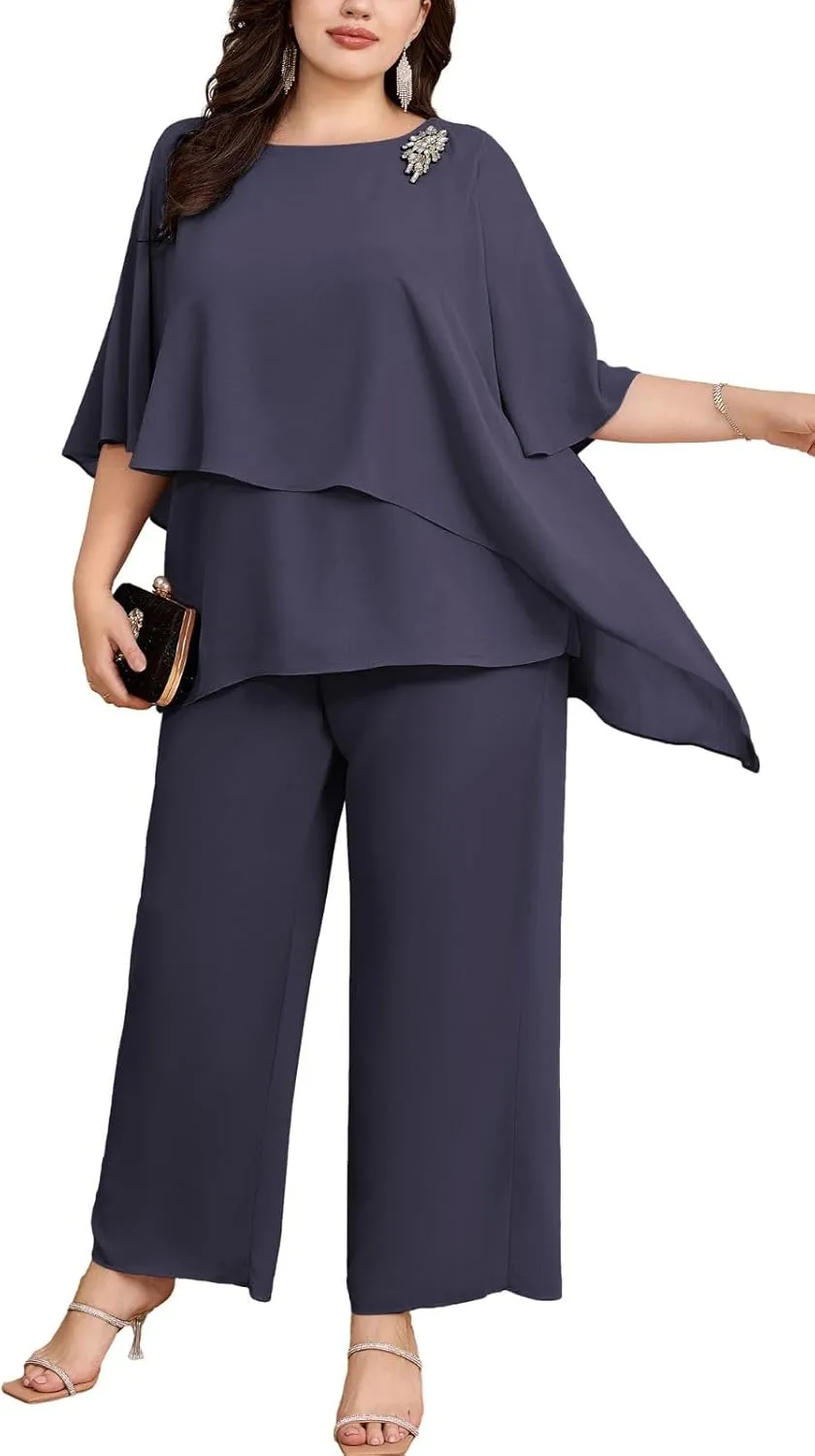 Hanna Nikole Plus Size Mother of Bride Pant Suits 2 Piece Chiffon Sets Ruffle Layers Wedding Guest Outfit