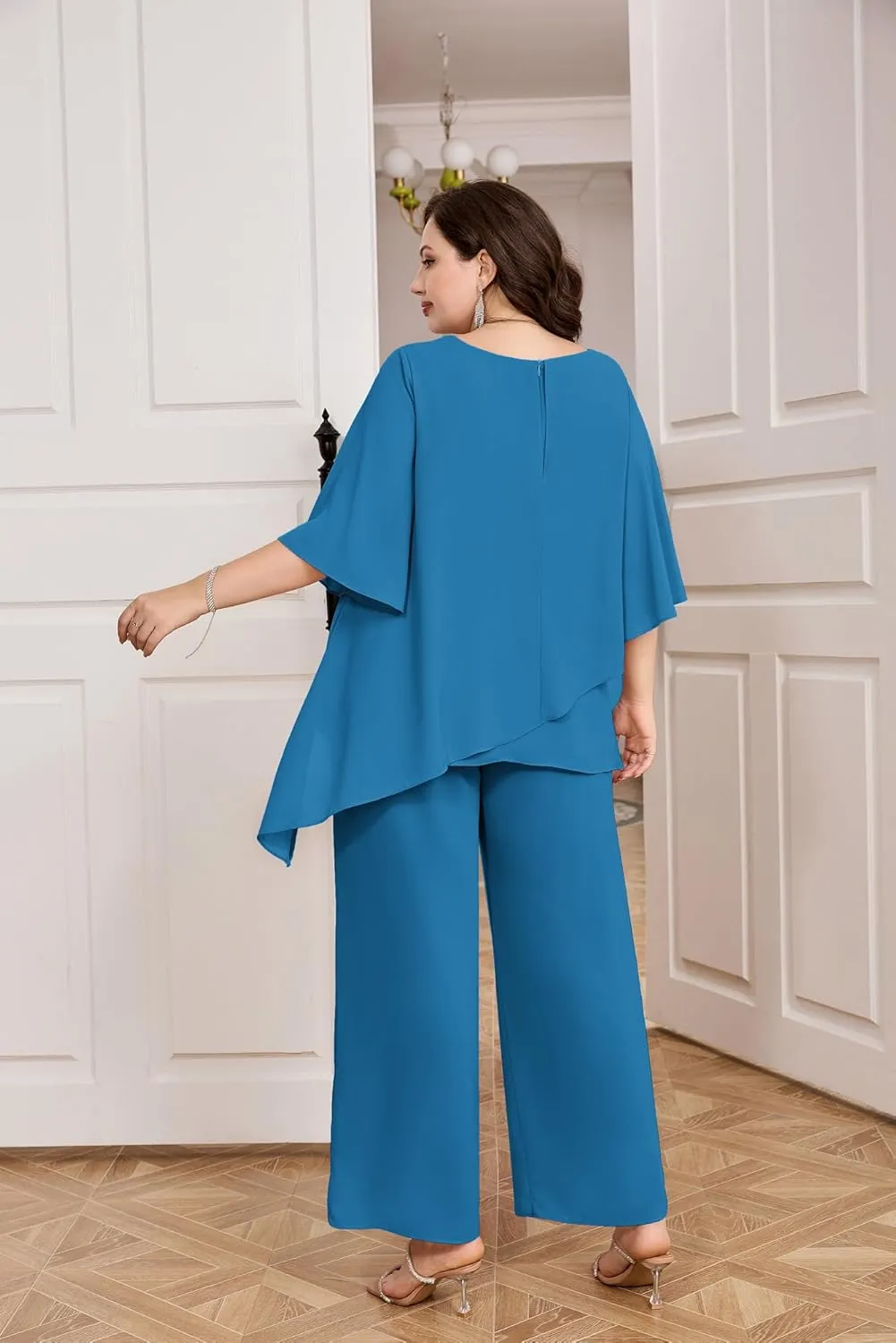 Hanna Nikole Plus Size Mother of Bride Pant Suits 2 Piece Chiffon Sets Ruffle Layers Wedding Guest Outfit