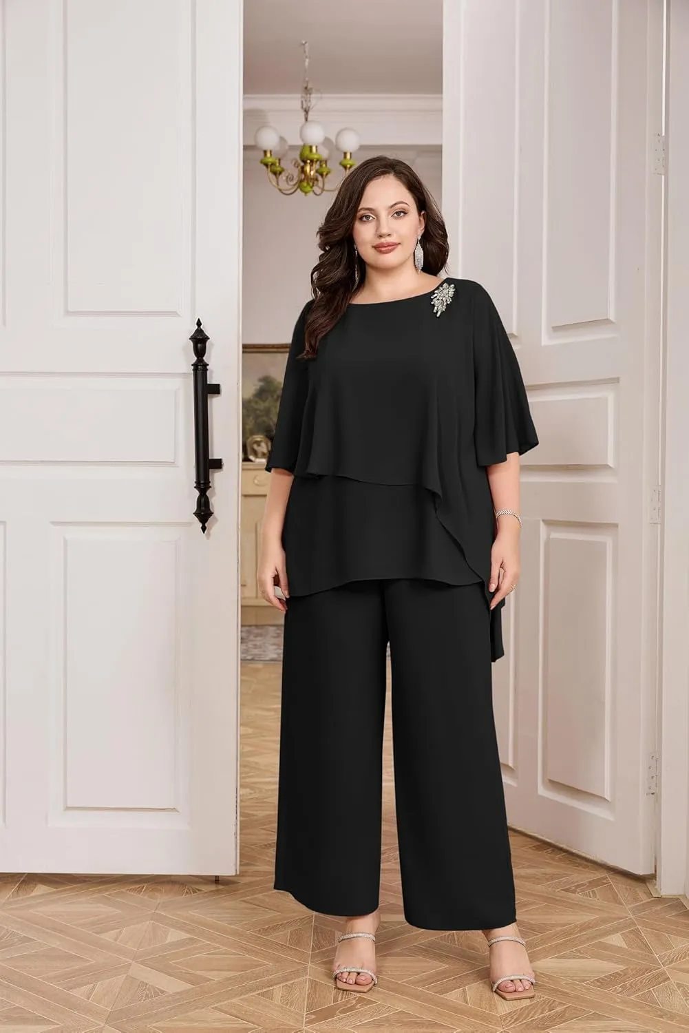 Hanna Nikole Plus Size Mother of Bride Pant Suits 2 Piece Chiffon Sets Ruffle Layers Wedding Guest Outfit