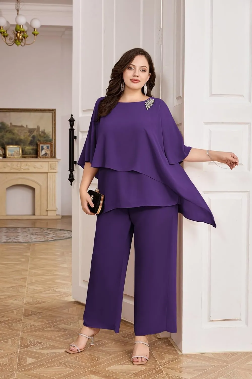 Hanna Nikole Plus Size Mother of Bride Pant Suits 2 Piece Chiffon Sets Ruffle Layers Wedding Guest Outfit