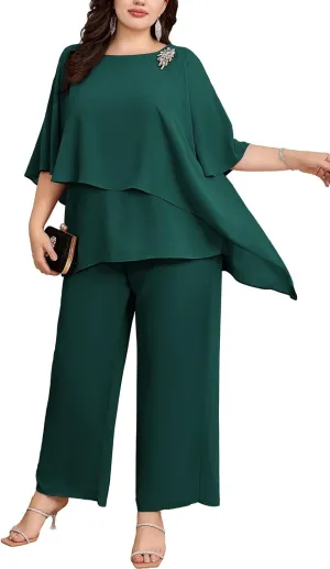 Hanna Nikole Plus Size Mother of Bride Pant Suits 2 Piece Chiffon Sets Ruffle Layers Wedding Guest Outfit