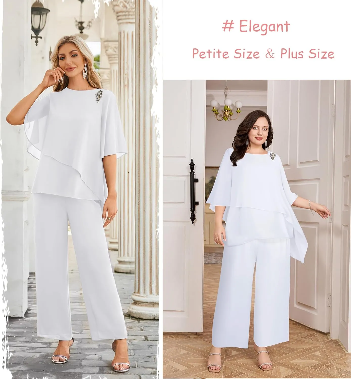 Hanna Nikole Plus Size Mother of Bride Pant Suits 2 Piece Chiffon Sets Ruffle Layers Wedding Guest Outfit