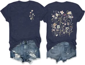 HDLTE Women Vintage Botanical Floral Graphic Tees Casual Boho Short Sleeve Plus Size Tops