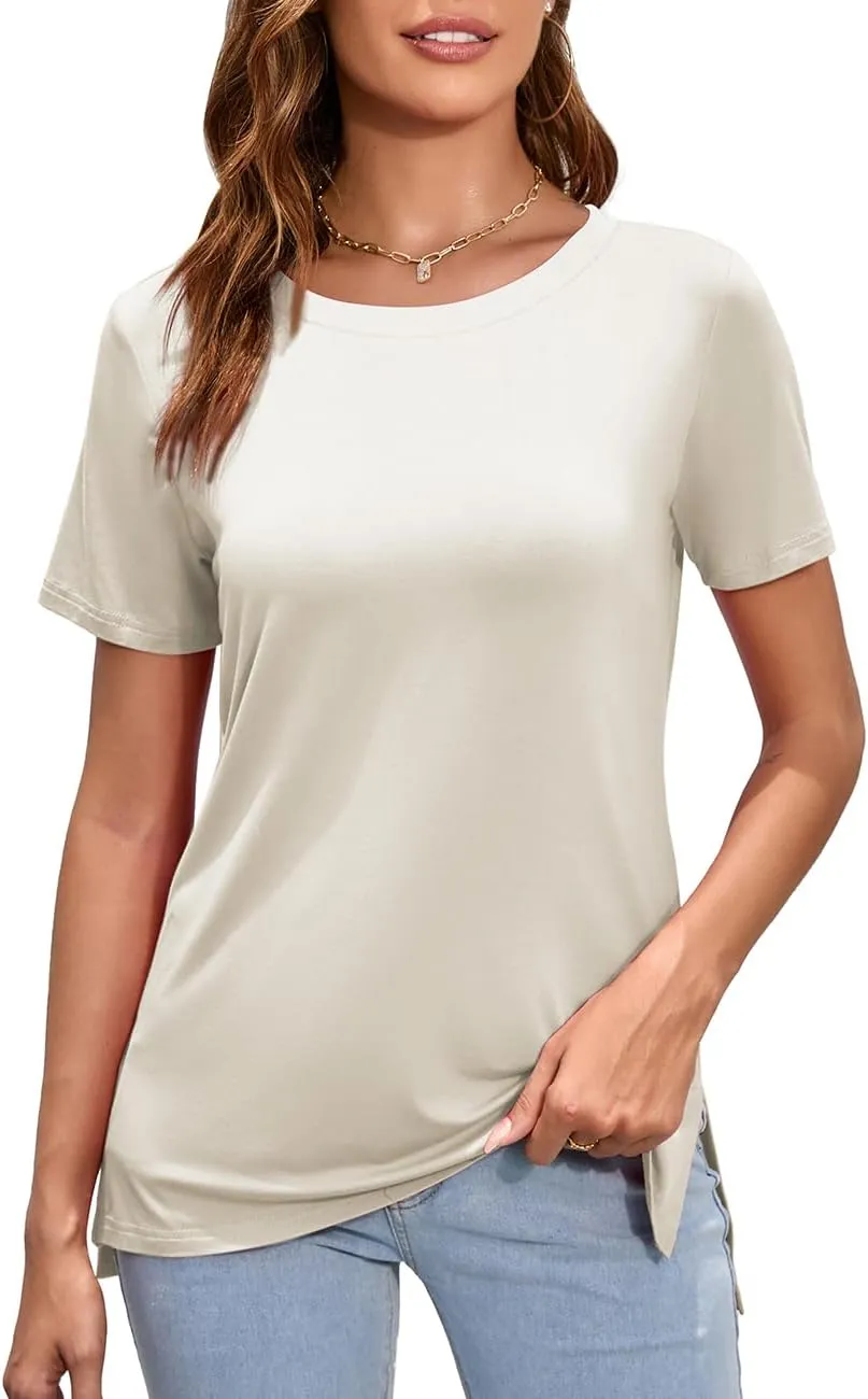Herou Summer Women Casual Short Sleeve Tops T-Shirts Tees with Side Split