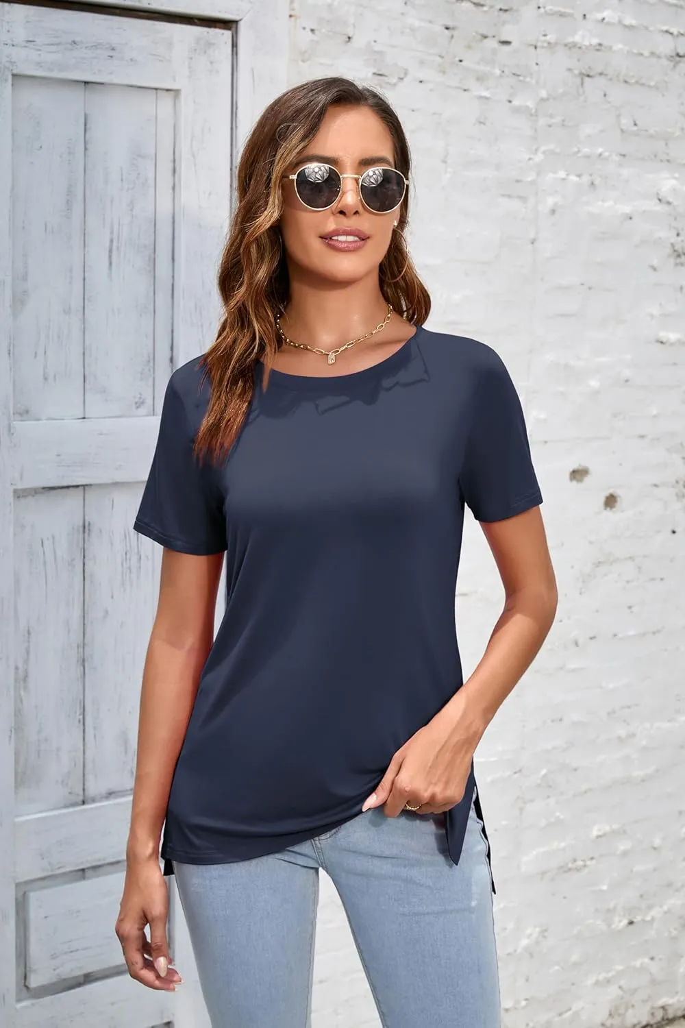 Herou Summer Women Casual Short Sleeve Tops T-Shirts Tees with Side Split
