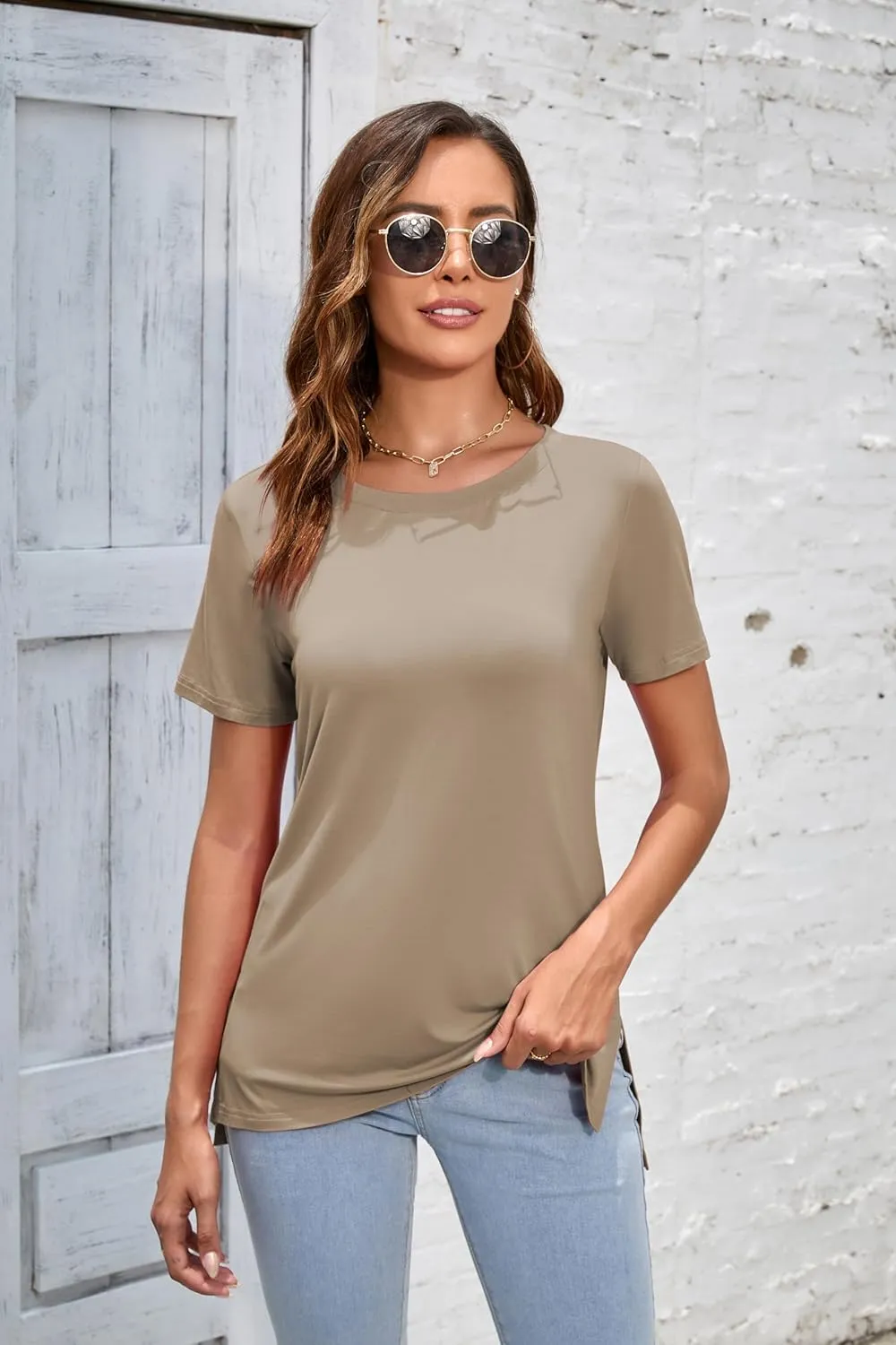 Herou Summer Women Casual Short Sleeve Tops T-Shirts Tees with Side Split