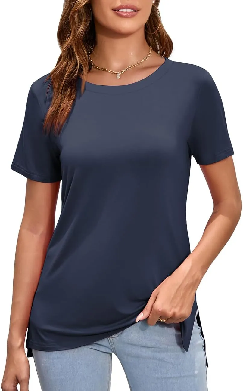 Herou Summer Women Casual Short Sleeve Tops T-Shirts Tees with Side Split