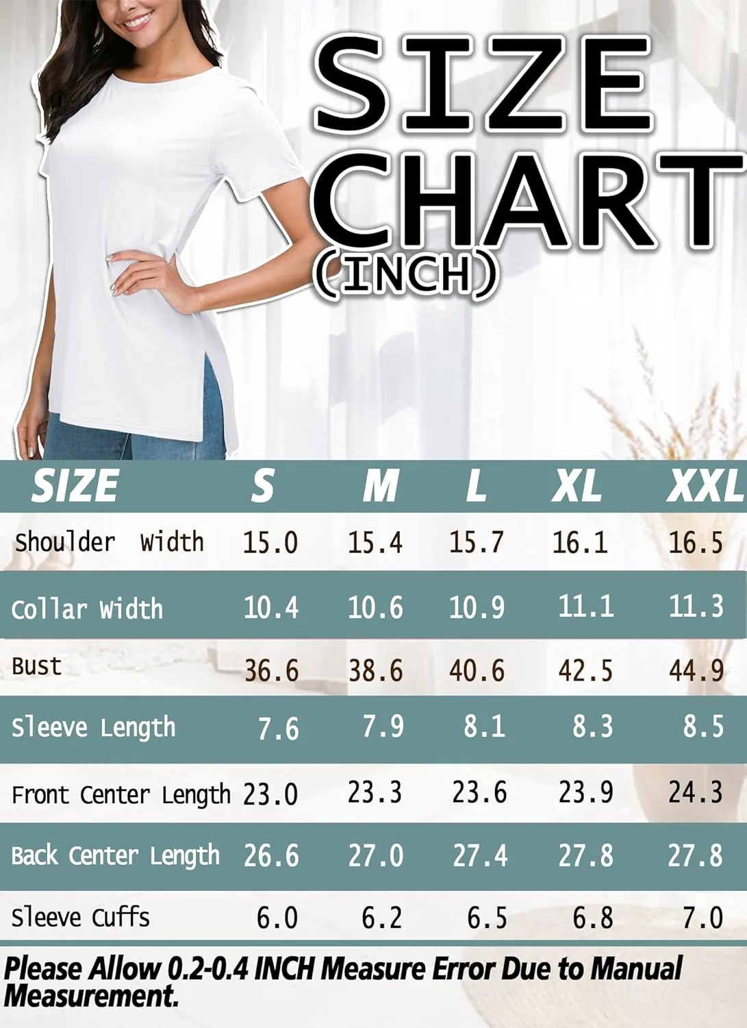 Herou Summer Women Casual Short Sleeve Tops T-Shirts Tees with Side Split