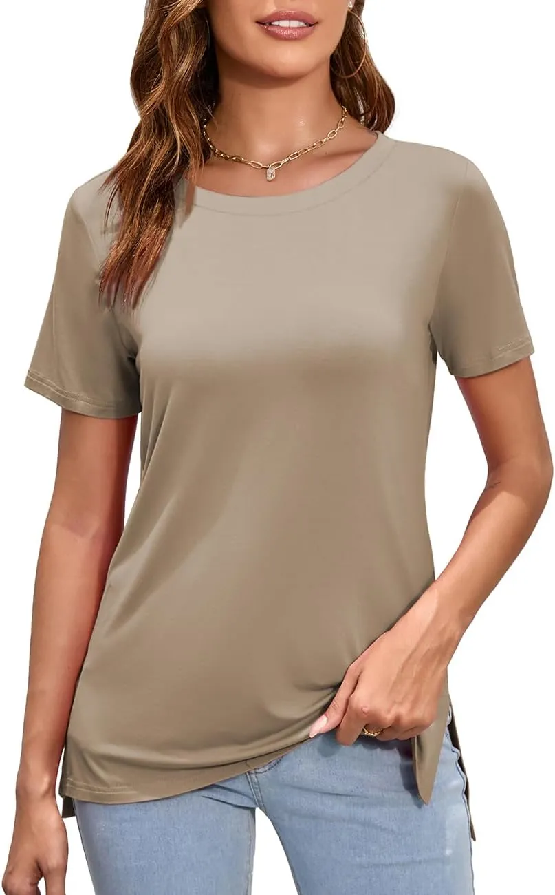 Herou Summer Women Casual Short Sleeve Tops T-Shirts Tees with Side Split