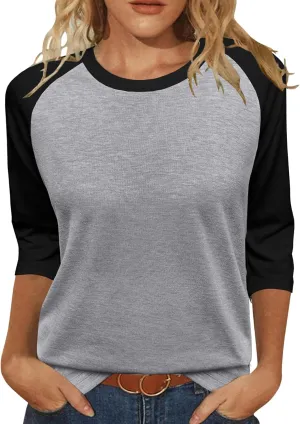 Heymiss Womens Tops 3/4 Sleeve Shirts Round Neck Loose Casual Tshirts Color Block Summer Tees
