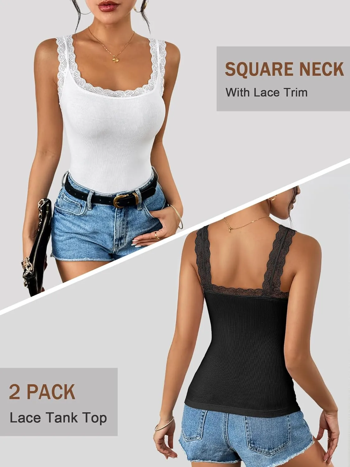 Ibeauti 2 Pack Lace Camisole Tank Tops for Women Sleeveless Summer Going Out Tops Ribbed Cami Undershirts