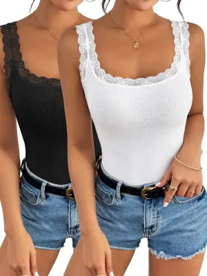 Ibeauti 2 Pack Lace Camisole Tank Tops for Women Sleeveless Summer Going Out Tops Ribbed Cami Undershirts