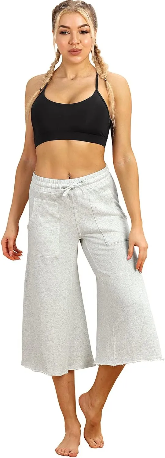 icyzone Culottes Capri Pants for Women - Elastic Waist Wide Leg Joggers Casual Lounge Cotton Sweatpants with Pockets