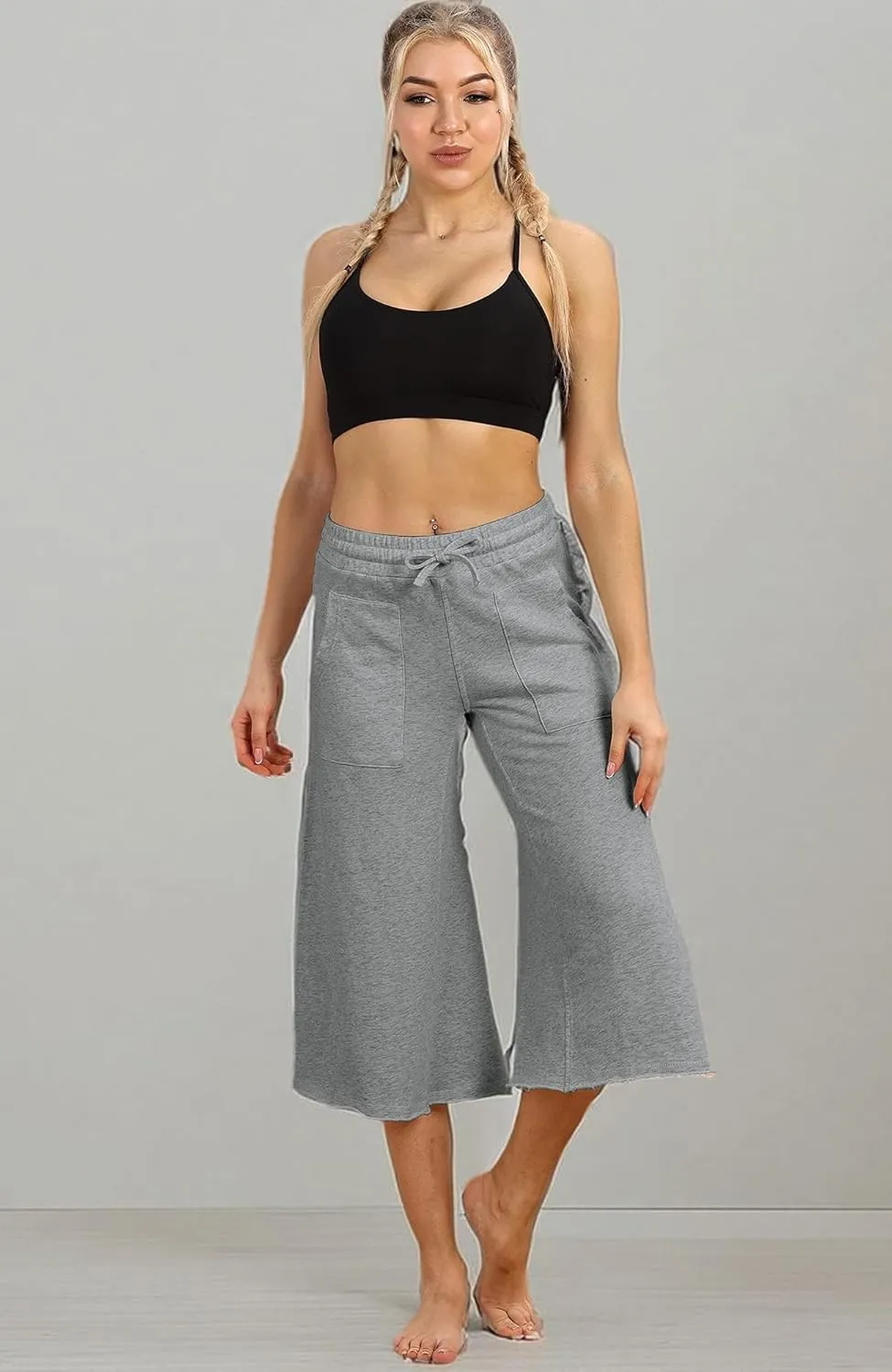 icyzone Culottes Capri Pants for Women - Elastic Waist Wide Leg Joggers Casual Lounge Cotton Sweatpants with Pockets