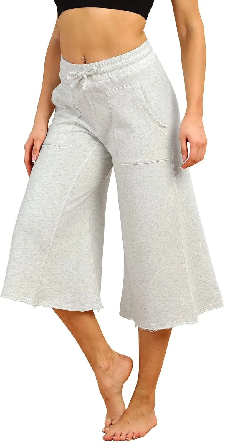 icyzone Culottes Capri Pants for Women - Elastic Waist Wide Leg Joggers Casual Lounge Cotton Sweatpants with Pockets
