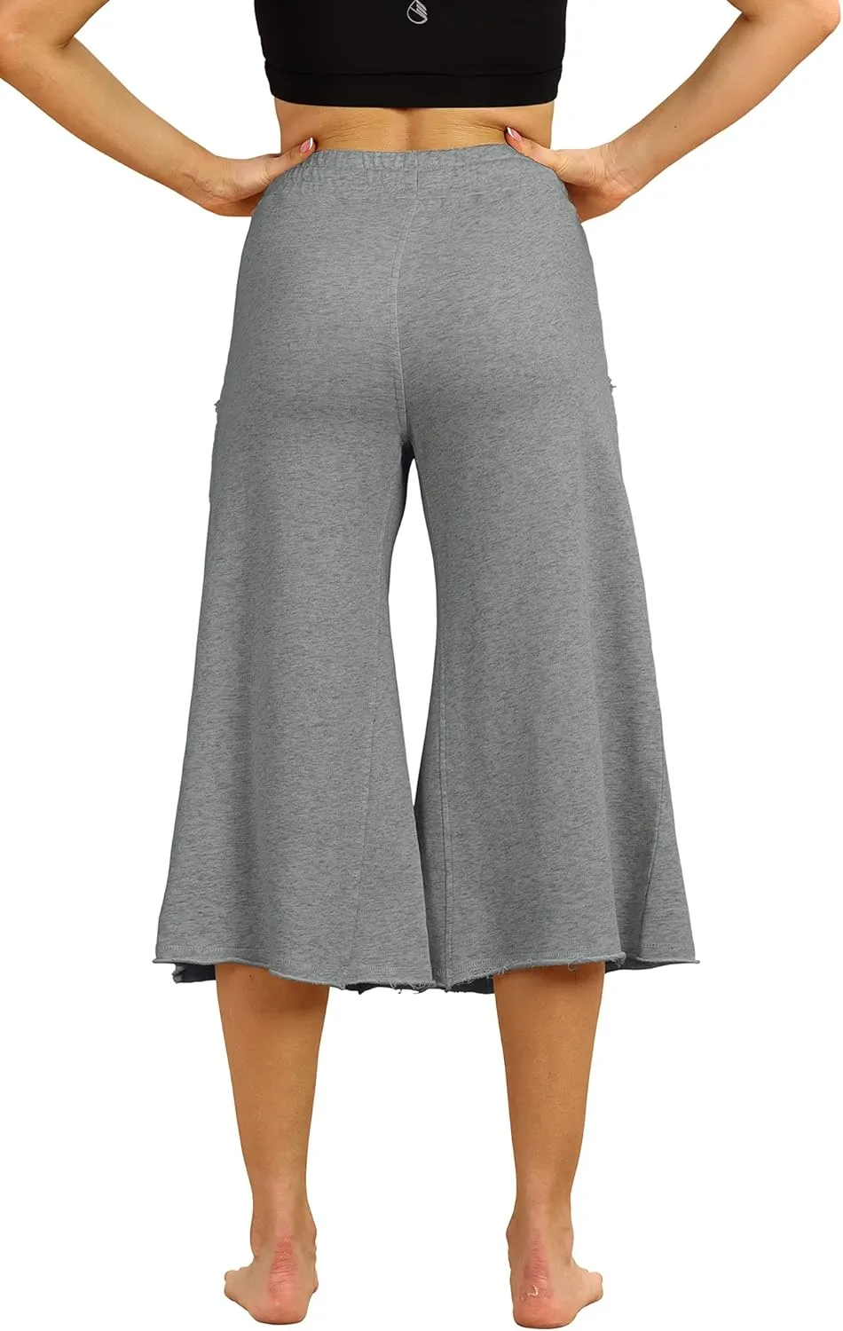 icyzone Culottes Capri Pants for Women - Elastic Waist Wide Leg Joggers Casual Lounge Cotton Sweatpants with Pockets