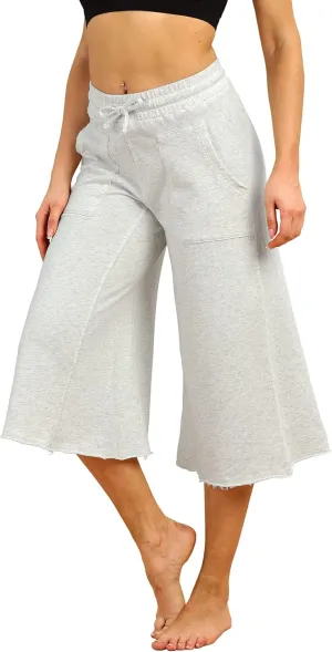 icyzone Culottes Capri Pants for Women - Elastic Waist Wide Leg Joggers Casual Lounge Cotton Sweatpants with Pockets