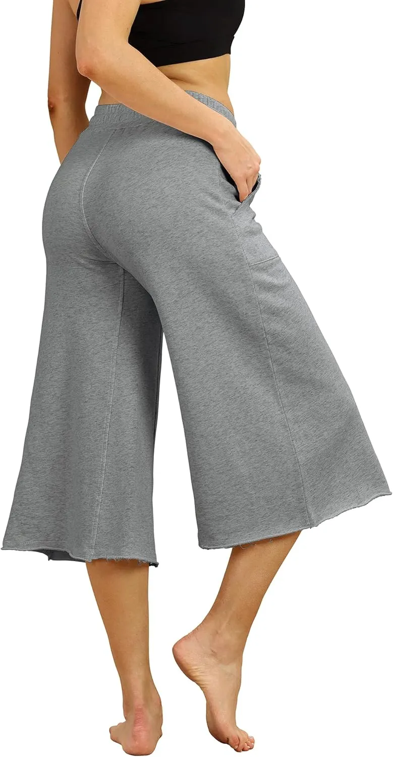 icyzone Culottes Capri Pants for Women - Elastic Waist Wide Leg Joggers Casual Lounge Cotton Sweatpants with Pockets