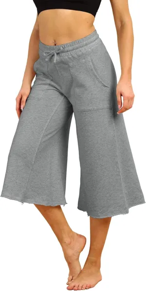 icyzone Culottes Capri Pants for Women - Elastic Waist Wide Leg Joggers Casual Lounge Cotton Sweatpants with Pockets