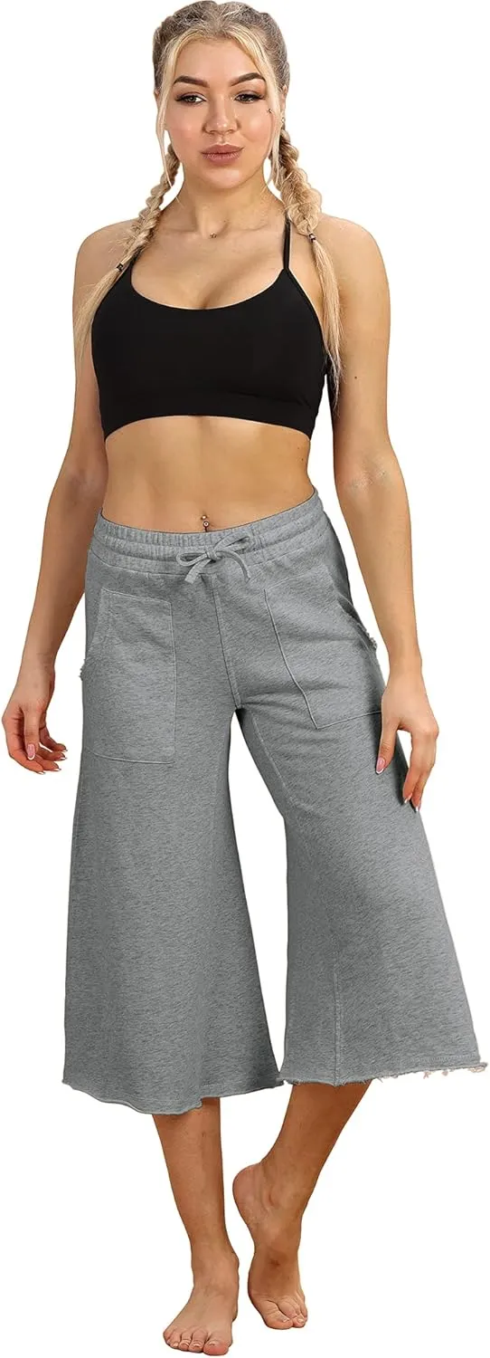 icyzone Culottes Capri Pants for Women - Elastic Waist Wide Leg Joggers Casual Lounge Cotton Sweatpants with Pockets