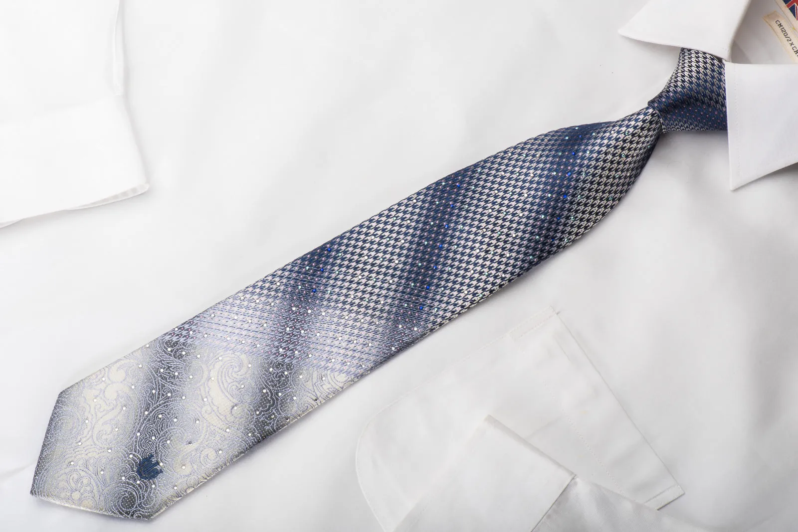 Indian Homme Rhinestone Necktie Silver Hounds Tooth Paisley On Blue With Sparkles