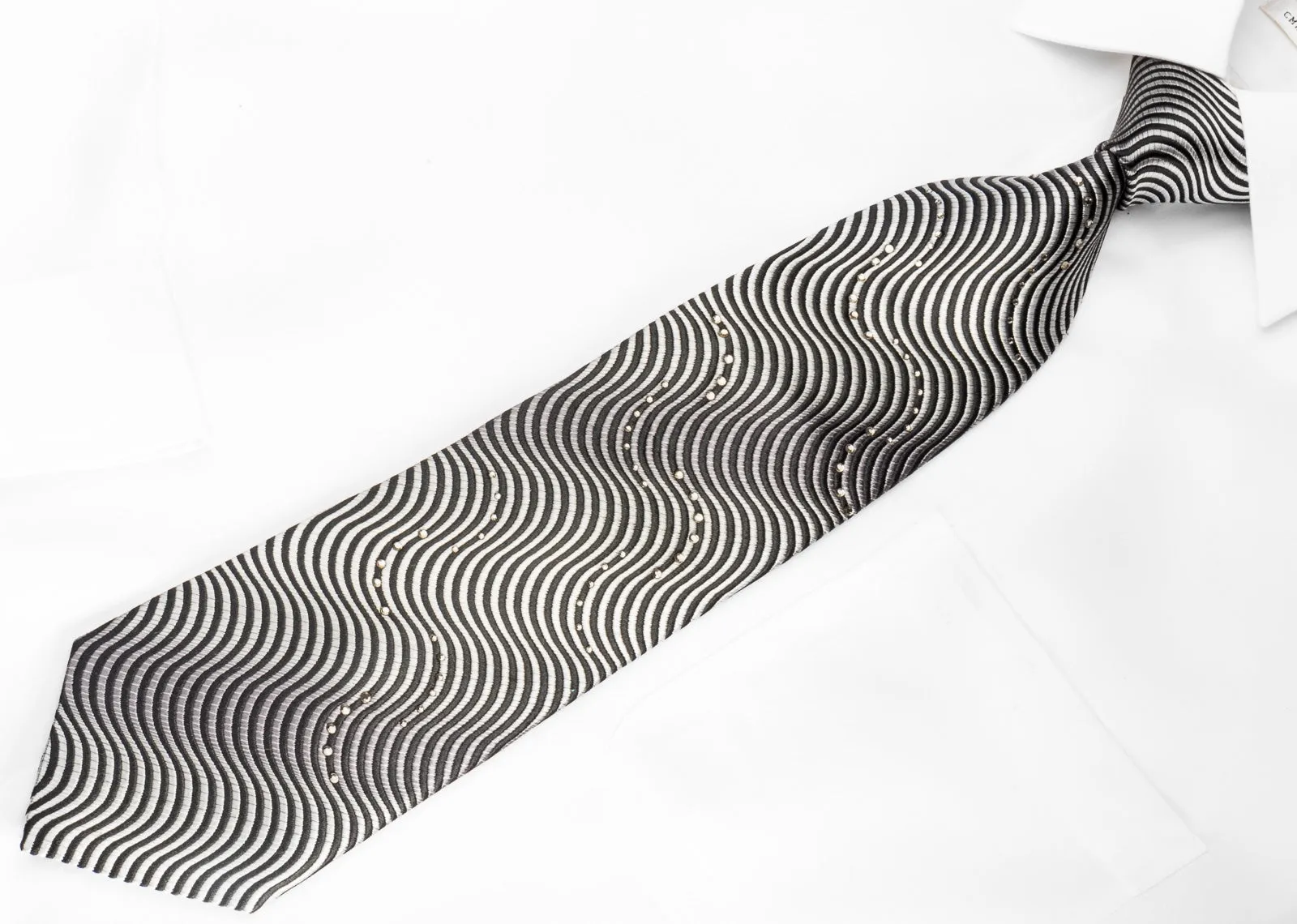 Indian Homme Silk Necktie Silver Black Waves With Crystal Rhinestones