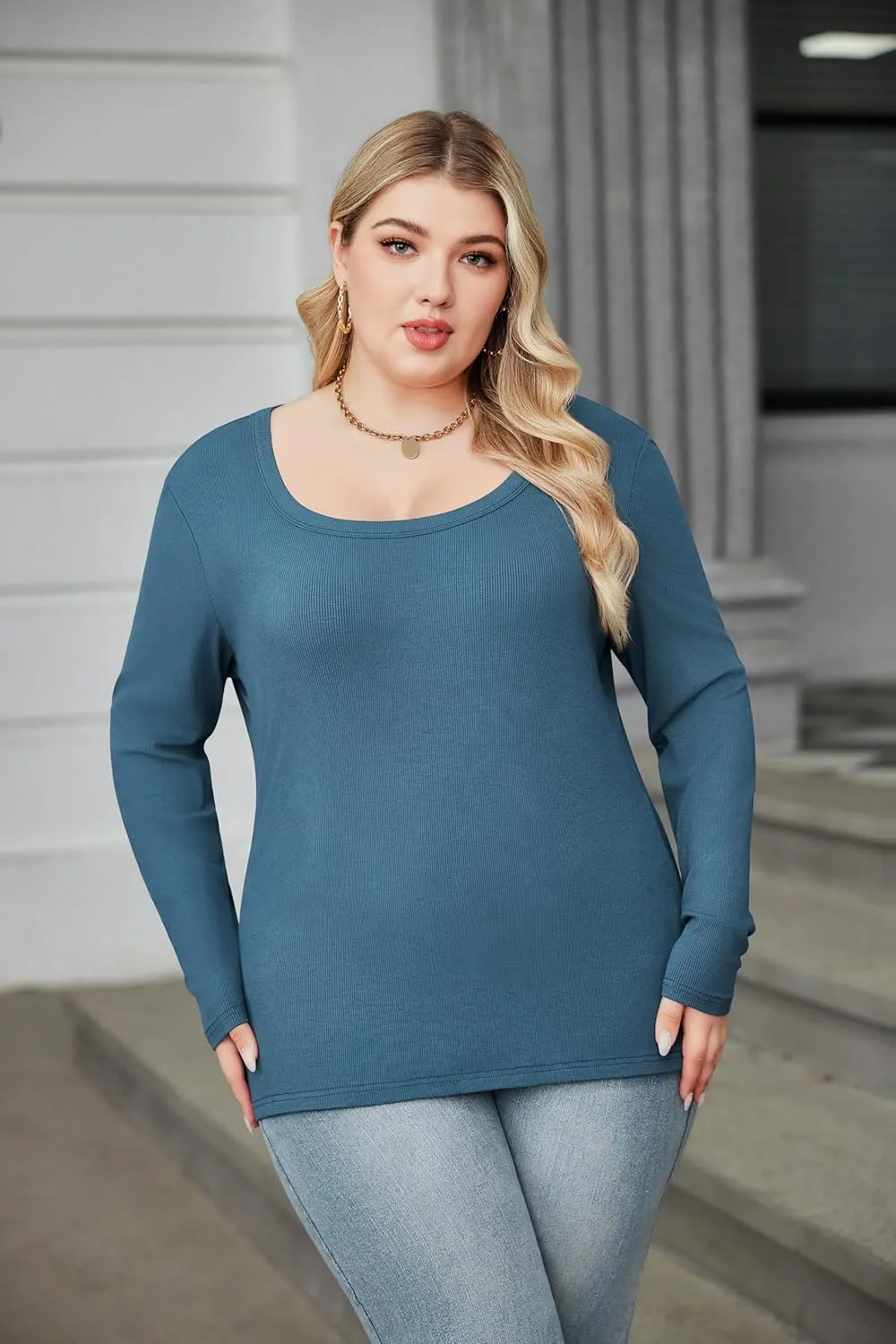 IN'VOLAND Plus Size Womens Long Sleeve Scoop Neck Ribbed Knit T-Shirt Fitted Casual Basic Tops