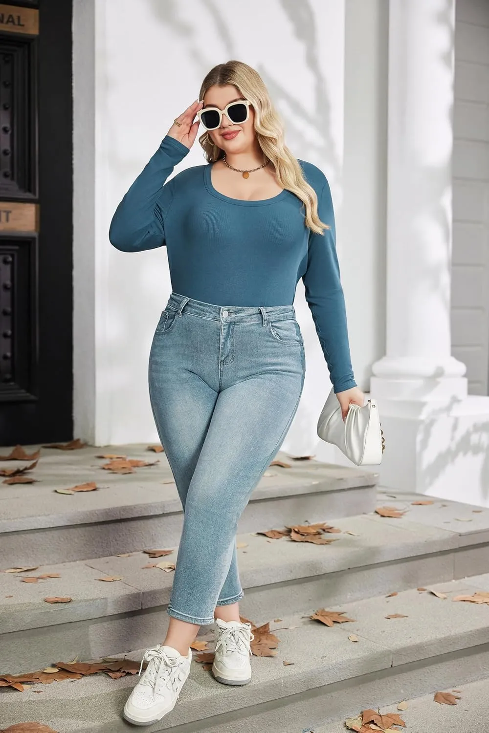 IN'VOLAND Plus Size Womens Long Sleeve Scoop Neck Ribbed Knit T-Shirt Fitted Casual Basic Tops