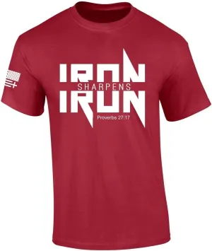 Iron Sharpens Iron Proverbs 27:17 Heavy Metal Logo Bible Scripture Mens Christian Tshirt Jesus Cross Short Sleeve Graphic Tee