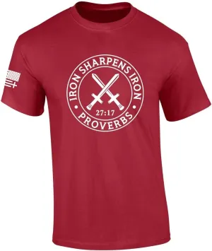 Iron Sharpens Iron Proverbs 27:17 Mens Christian American Flag Sleeve T-Shirt Graphic Tee