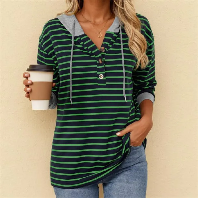 IVERIRMIN Women's Oversized Striped Button-up Hoodies Drawstring Hooded Sweatshirt Long Sleeve Shirts Pullover Tops for Women