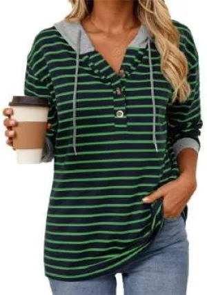 IVERIRMIN Women's Oversized Striped Button-up Hoodies Drawstring Hooded Sweatshirt Long Sleeve Shirts Pullover Tops for Women