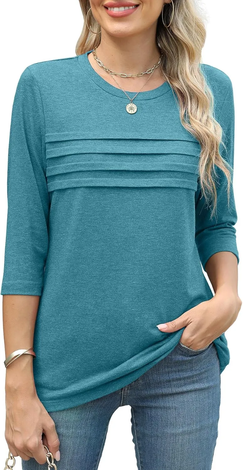 JomeDesign 3/4 Length Sleeve Womens Tops Round Neck Casual Tunic Tops Pleated Shirts Dressy