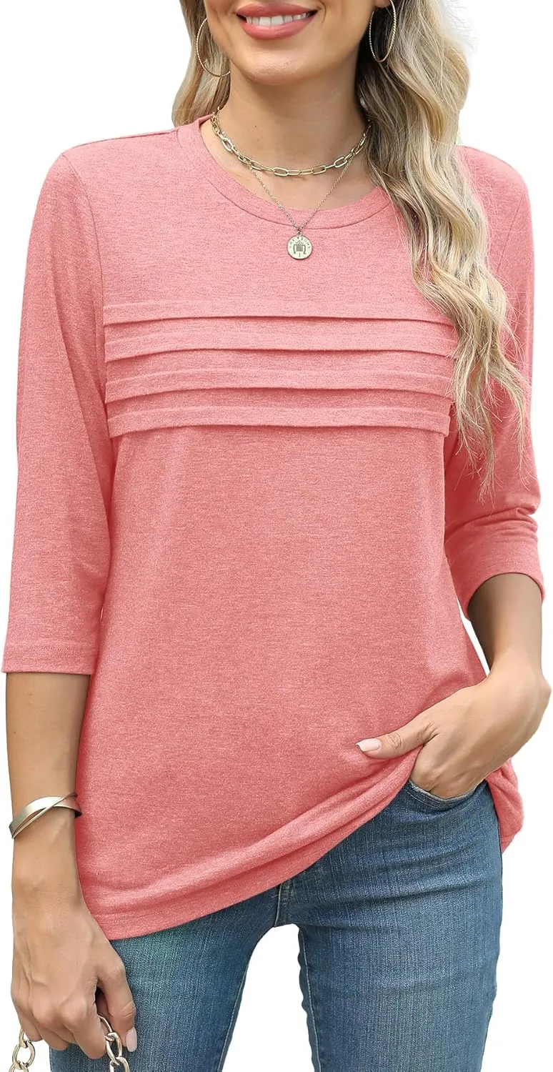 JomeDesign 3/4 Length Sleeve Womens Tops Round Neck Casual Tunic Tops Pleated Shirts Dressy