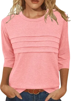 JomeDesign 3/4 Length Sleeve Womens Tops Round Neck Casual Tunic Tops Pleated Shirts Dressy