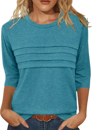 JomeDesign 3/4 Length Sleeve Womens Tops Round Neck Casual Tunic Tops Pleated Shirts Dressy