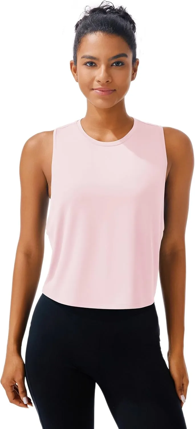 JOYSPELS Ice Silk Crop Workout Tank Tops for Women Quick Dry Sleeveless Loose Fit Athletic Running Shirts