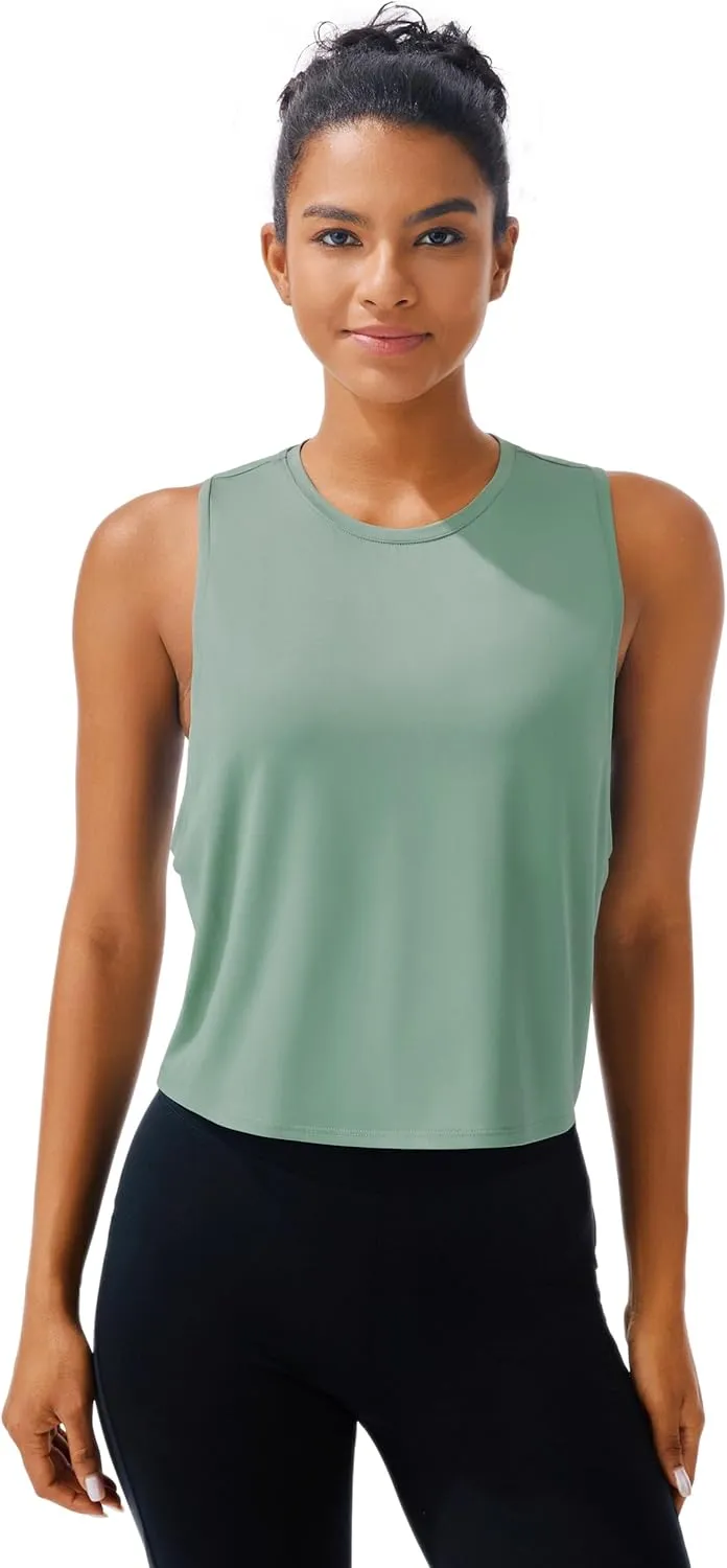 JOYSPELS Ice Silk Crop Workout Tank Tops for Women Quick Dry Sleeveless Loose Fit Athletic Running Shirts