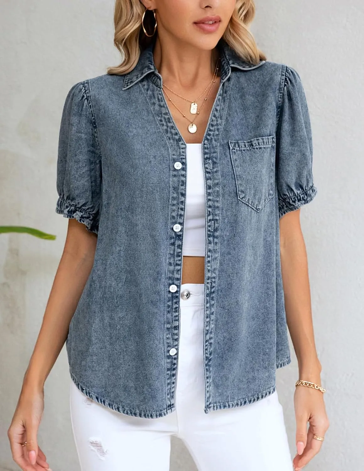 KANCY KOLE Womens Denim Shirts Button Down Short Puff Sleeve Lightweight Jeans Shirts with Pocket Business Casual Tops