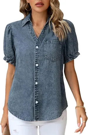 KANCY KOLE Womens Denim Shirts Button Down Short Puff Sleeve Lightweight Jeans Shirts with Pocket Business Casual Tops