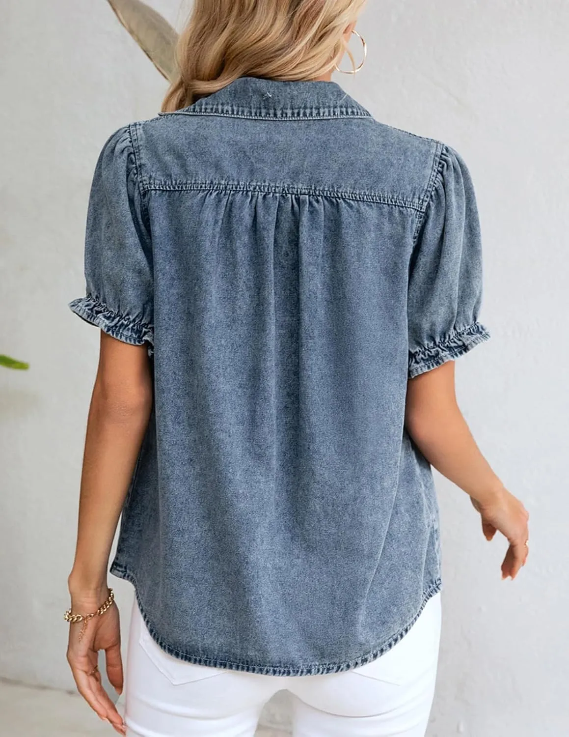 KANCY KOLE Womens Denim Shirts Button Down Short Puff Sleeve Lightweight Jeans Shirts with Pocket Business Casual Tops
