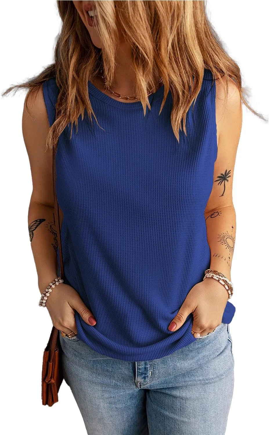 KINLONSAIR Women's Loose Fit Sleeveless Waffle Tank Tops Casual Crew Neck Knitted Tees