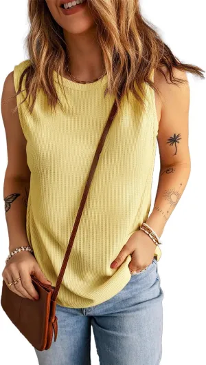 KINLONSAIR Women's Loose Fit Sleeveless Waffle Tank Tops Casual Crew Neck Knitted Tees