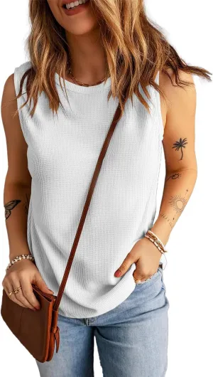 KINLONSAIR Women's Loose Fit Sleeveless Waffle Tank Tops Casual Crew Neck Knitted Tees