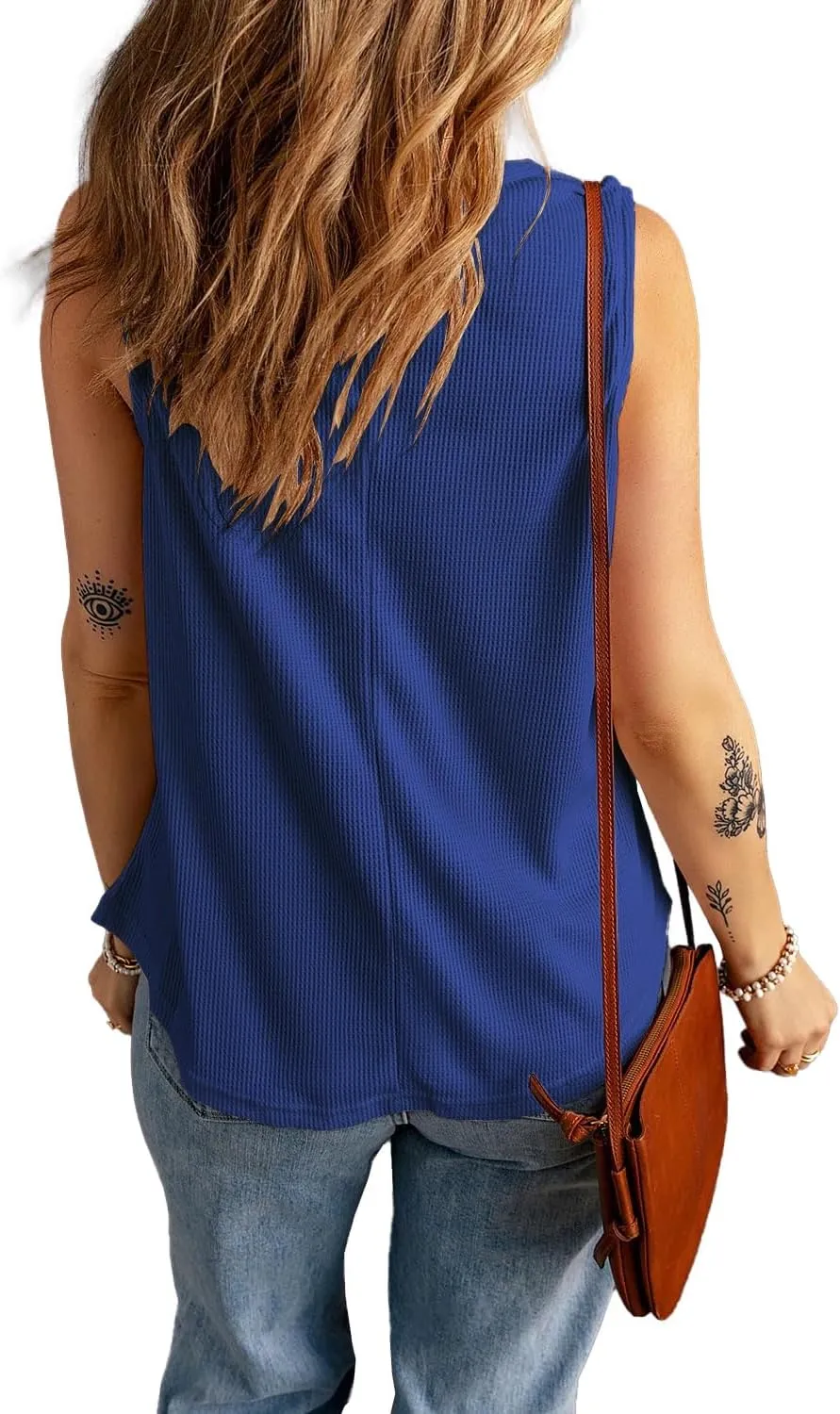 KINLONSAIR Women's Loose Fit Sleeveless Waffle Tank Tops Casual Crew Neck Knitted Tees