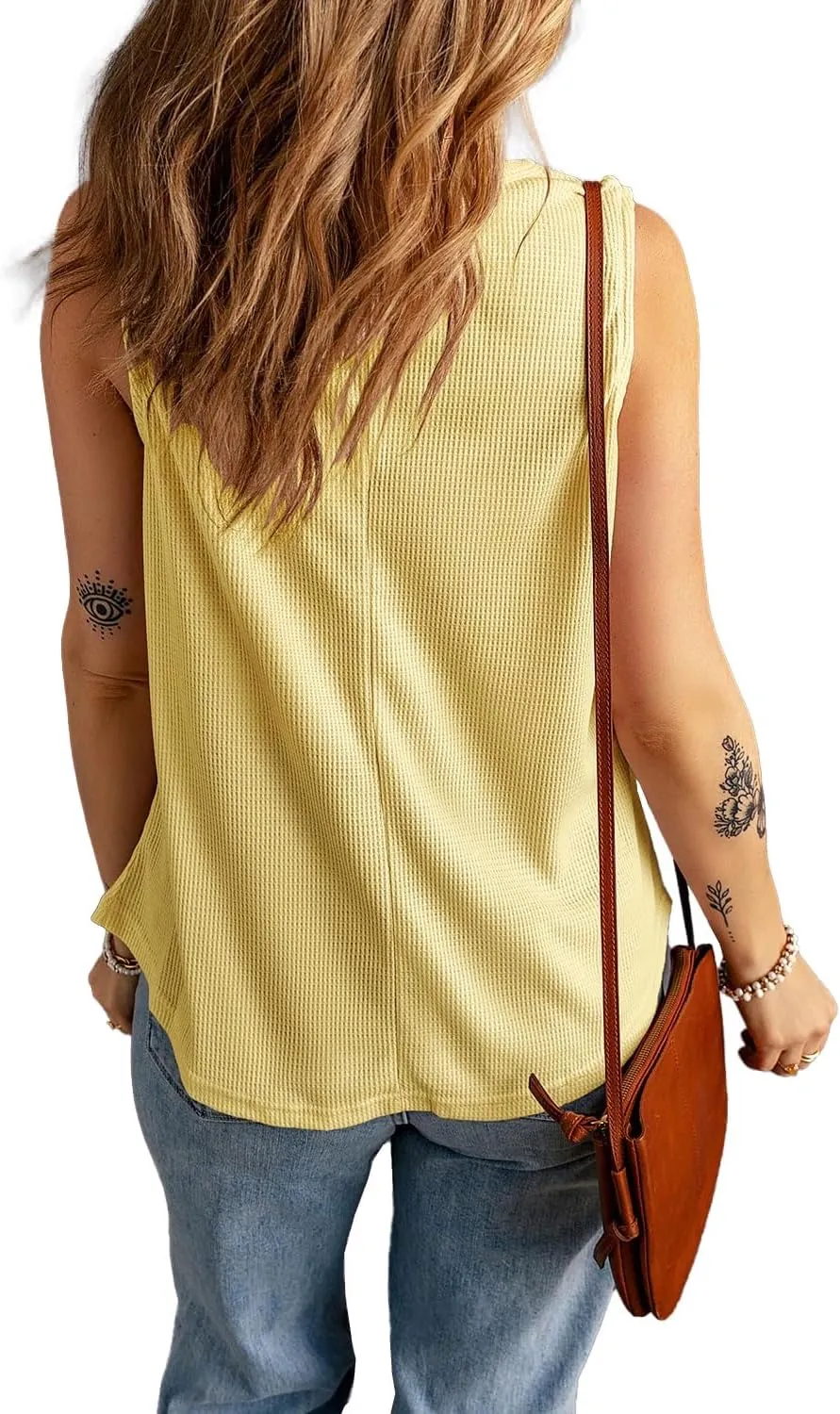 KINLONSAIR Women's Loose Fit Sleeveless Waffle Tank Tops Casual Crew Neck Knitted Tees