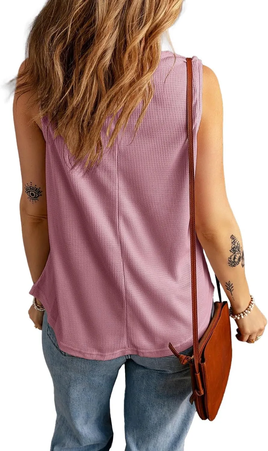 KINLONSAIR Women's Loose Fit Sleeveless Waffle Tank Tops Casual Crew Neck Knitted Tees